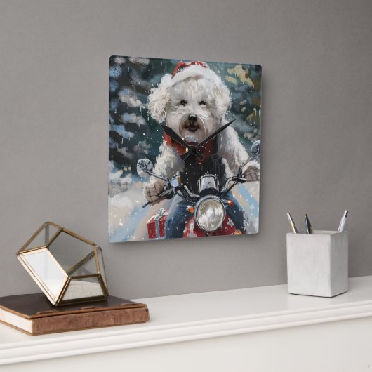 Bichon Frise Hond Rijden Motorfiets Kerstmis Vierkante Klok (Kantoor)