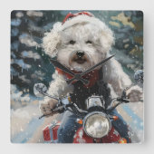 Bichon Frise Hond Rijden Motorfiets Kerstmis Vierkante Klok (Voorkant)