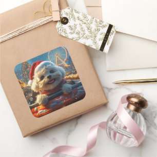 Bichon Frise Hond Roller Coaster Kerstmis Vierkante Sticker