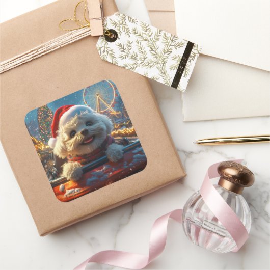 Bichon Frise Hond Roller Coaster Kerstmis Vierkante Sticker (Geschenken)