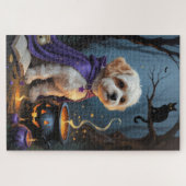 Bichon Frise-hond Whimsical Halloween-schilderij Legpuzzel (Horizontaal)