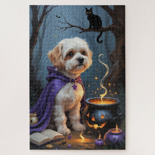 Bichon Frise-hond Whimsical Halloween-schilderij Legpuzzel (Verticaal)
