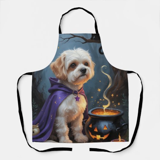 Bichon Frise Hond Whimsical Halloween Schilderij Schort (Voorkant)