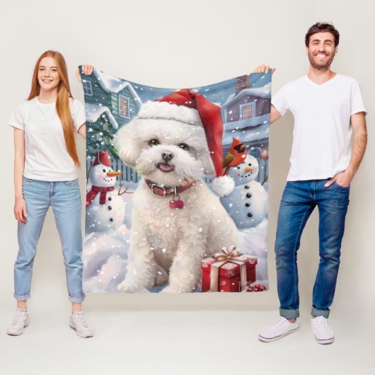 Bichon Frise Hond Winter Wonderland Kerstvreugde Fleece Deken (In situ)