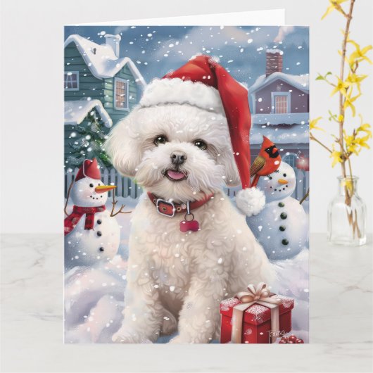 Bichon Frise Hond Winter Wonderland Kerstvreugde Kaart (Gele Bloem)