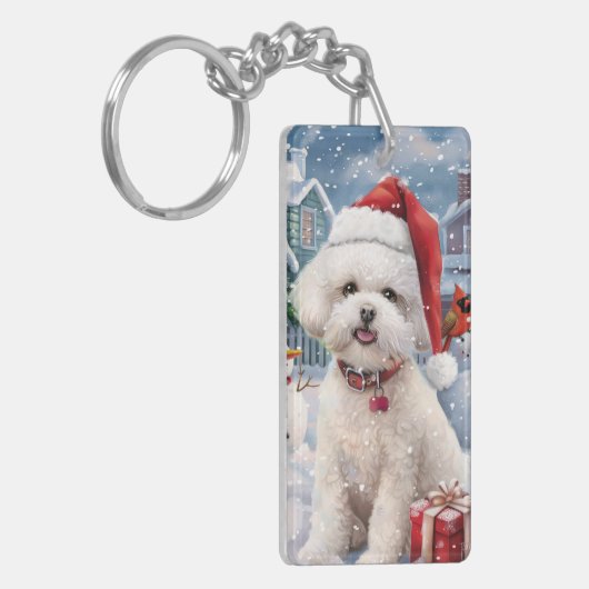 Bichon Frise Hond Winter Wonderland Kerstvreugde Sleutelhanger (Voorkant Links)