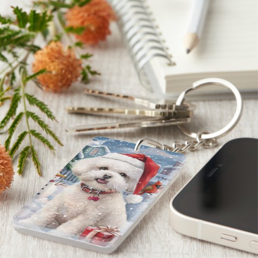 Bichon Frise Hond Winter Wonderland Kerstvreugde Sleutelhanger (Voorkant Rechts)