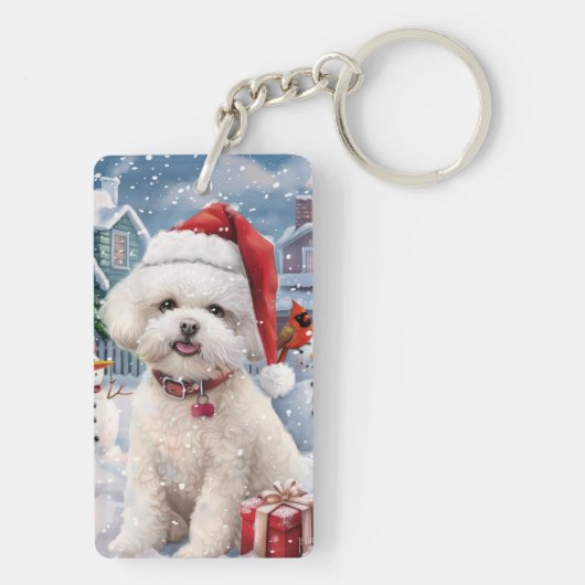 Bichon Frise Hond Winter Wonderland Kerstvreugde Sleutelhanger (achterkant)