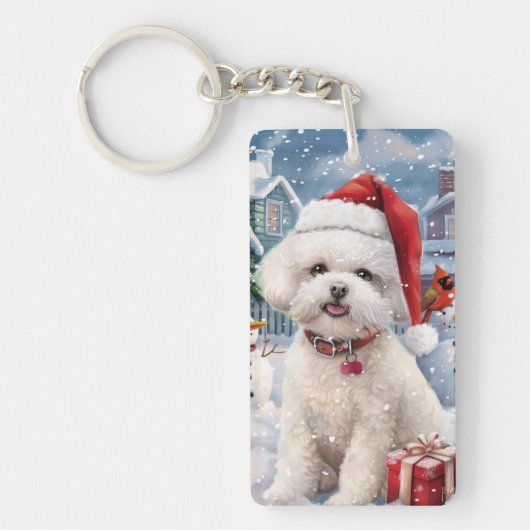 Bichon Frise Hond Winter Wonderland Kerstvreugde Sleutelhanger (Voorkant)