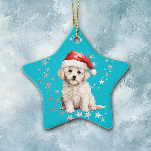 Bichon Frise-hond zilveren sterren blauwe Kerstmis Keramisch Ornament