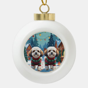 Bichon Frise Honden Kerstmis Sneeuw Vakantie Keramische Bal Ornament