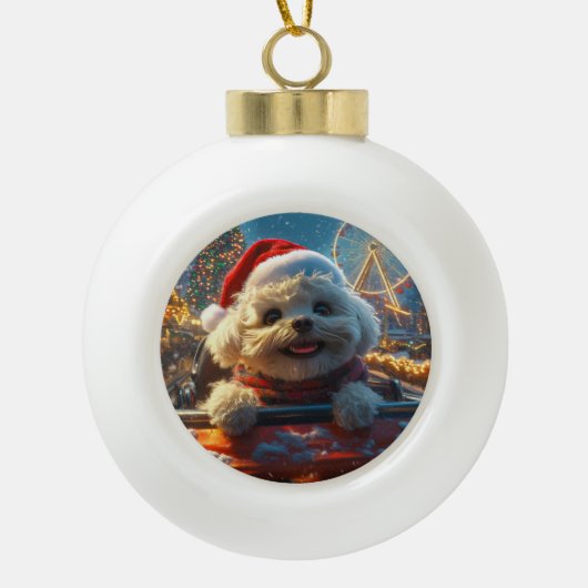 Bichon Frise Hondenroller Onderzetter Kerst Keramische Bal Ornament (Voorkant)