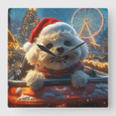 Bichon Frise Hondenroller Onderzetter Kerst Vierkante Klok (Voorkant)