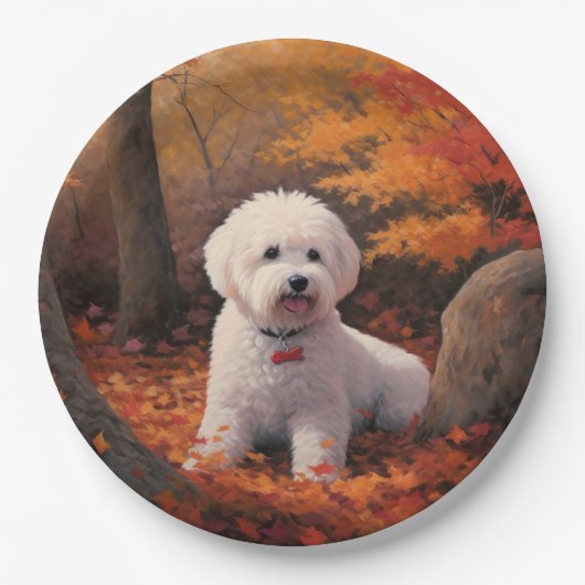 Bichon Frise in herfstbladeren Herfst Inspire Papieren Bordje (Voorkant)