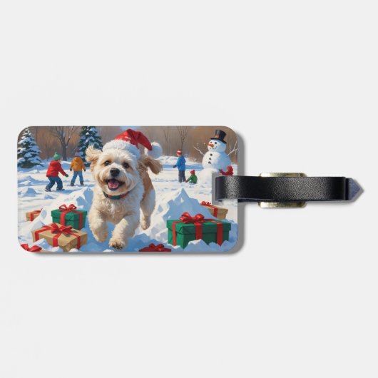 Bichon Frise Kerst Feestelijke Sneeuwscène Bagagelabel (Achterkant horizontaal)