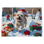 Bichon Frise Kerst Feestelijke Sneeuwscène Groot Cadeauzakje (Voorkant)