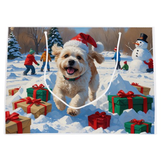Bichon Frise Kerst Feestelijke Sneeuwscène Groot Cadeauzakje (Voorkant)