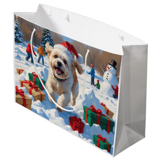 Bichon Frise Kerst Feestelijke Sneeuwscène Groot Cadeauzakje (Achterkant Gekanteld)