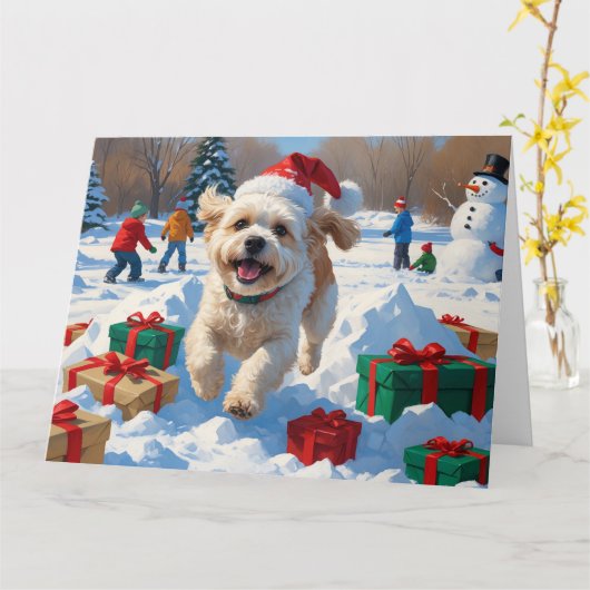 Bichon Frise Kerst Feestelijke Sneeuwscène Kaart (Gele Bloem)