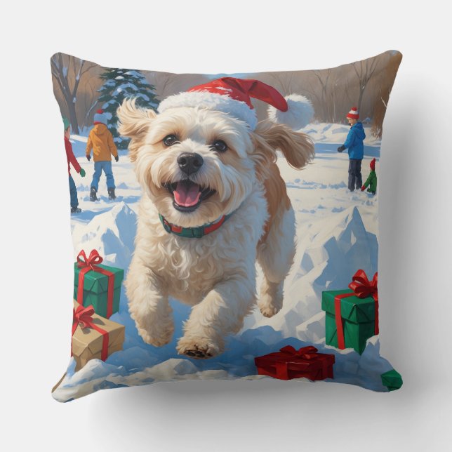 Bichon Frise Kerst Feestelijke Sneeuwscène Kussen (Achterkant)