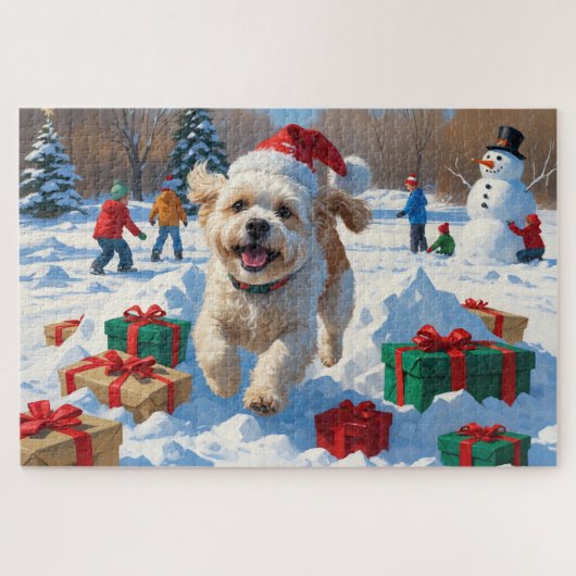 Bichon Frise Kerst Feestelijke Sneeuwscène Legpuzzel (Horizontaal)