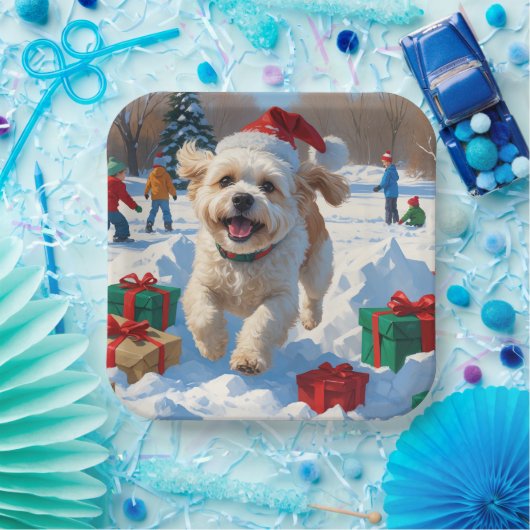 Bichon Frise Kerst Feestelijke Sneeuwscène Papieren Bordje (Feest)
