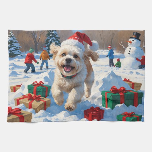 Bichon Frise Kerst Feestelijke Sneeuwscène Theedoek (Horizontaal)
