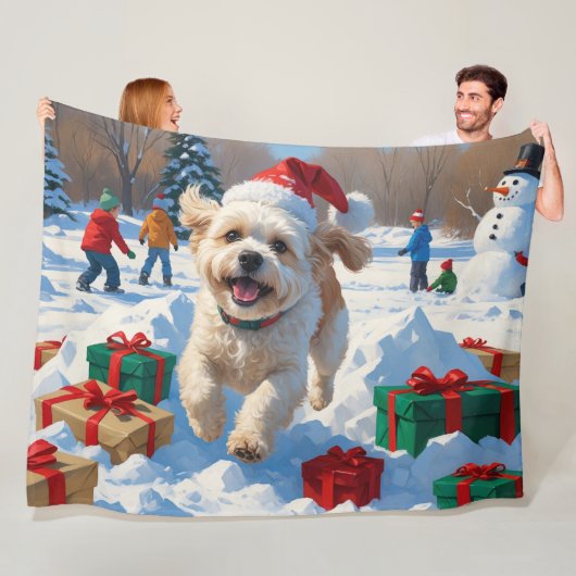 Bichon Frise Kerst Sneeuwscène Fleece Deken (In situ)