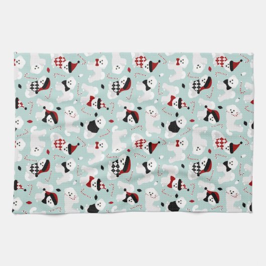 Bichon Frise Kerstblauw keukenhanddoek (Horizontaal)