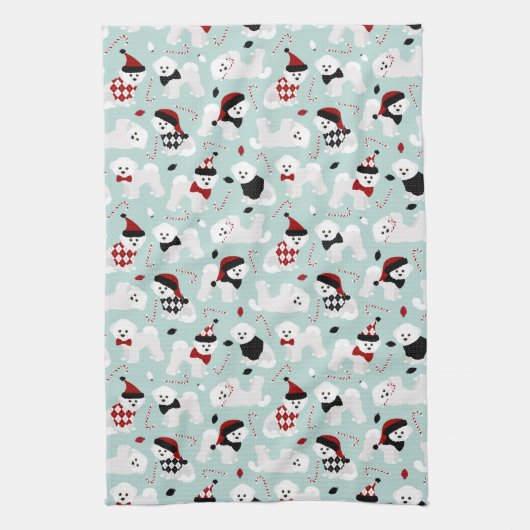 Bichon Frise Kerstblauw keukenhanddoek (Verticaal)