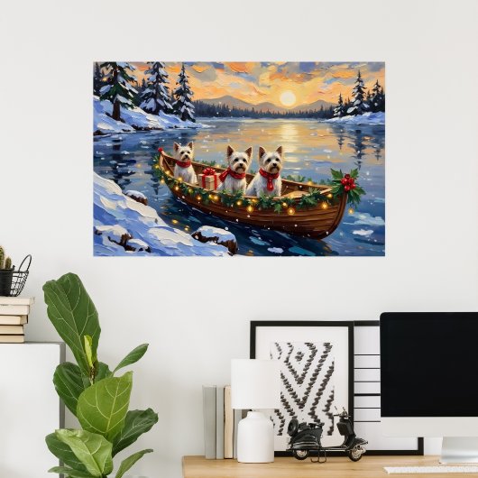 Bichon Frise Kerstboot Vakantie Poster (Thuiskantoor)