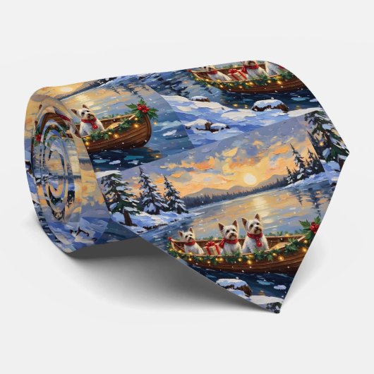 Bichon Frise Kerstboot Vakantie Stropdas (Opgerold)