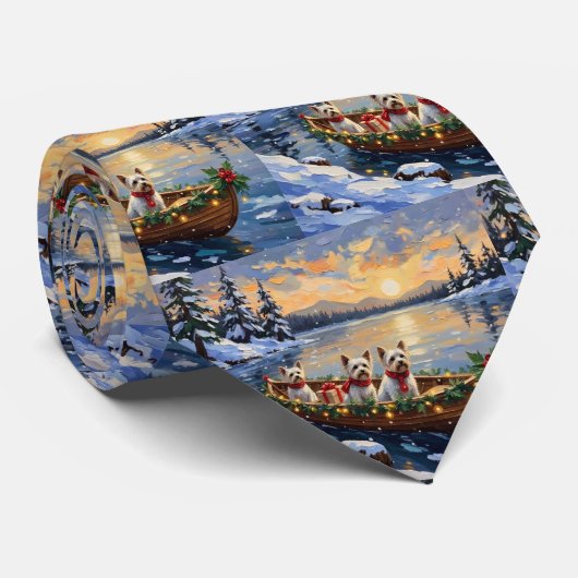 Bichon Frise Kerstboot Vakantie Stropdas (Opgerold)