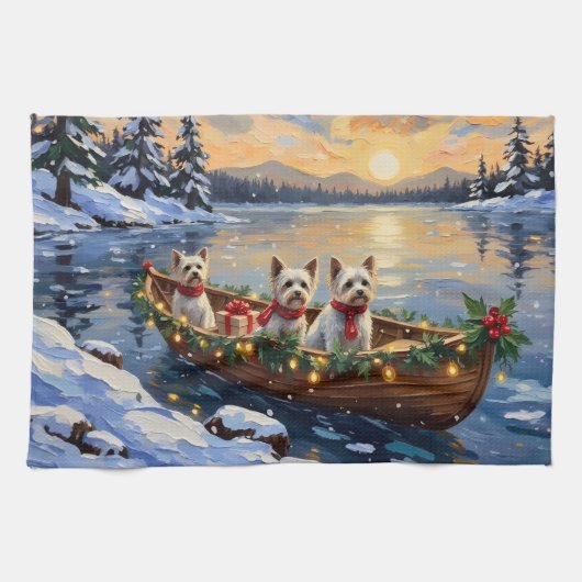 Bichon Frise Kerstboot Vakantie Theedoek (Horizontaal)