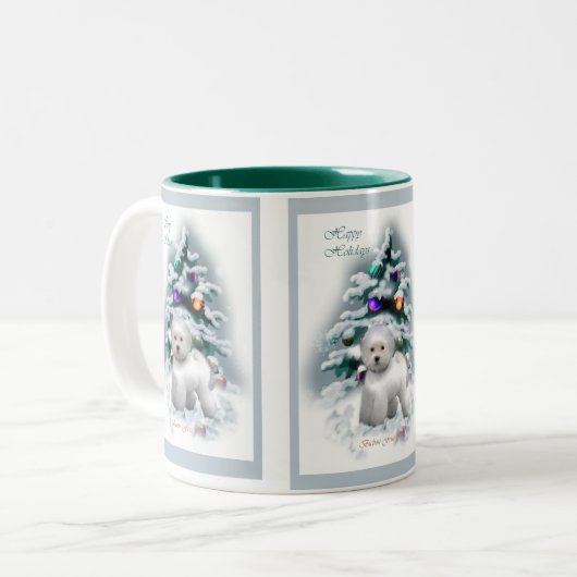 Bichon Frise kerstcadeautjes Tweekleurige Koffiemok (Voorkant links)