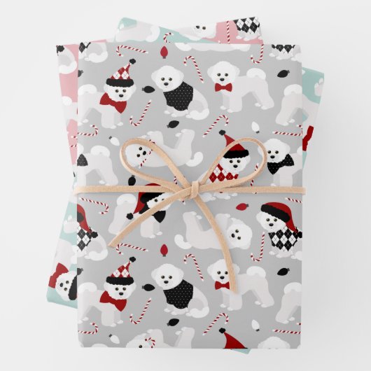 Bichon Frise kerstgrijs Blauw Roze Inpakpapier Vel (In situ)