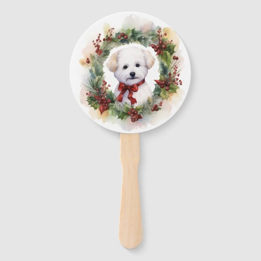 Bichon Frise Kerstkrans feestelijke pup Handwaaier (Voorkant)