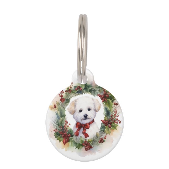 Bichon Frise Kerstkrans Feestelijke Pup Huisdierpenning (Voorkant)