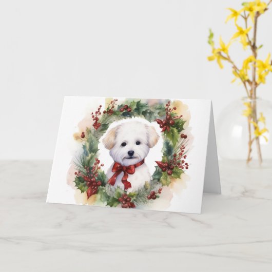 Bichon Frise Kerstkrans feestelijke pup Kaart (Gele Bloem)