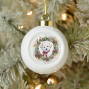 Bichon Frise Kerstkrans feestelijke pup Keramische Bal Ornament