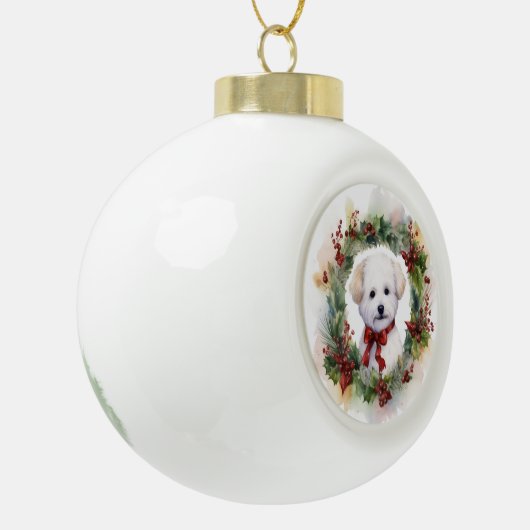 Bichon Frise Kerstkrans feestelijke pup Keramische Bal Ornament (Links)