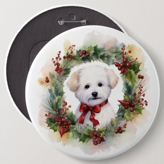 Bichon Frise Kerstkrans feestelijke pup Ronde Button 6,0 Cm (Voorkant /achterkant)