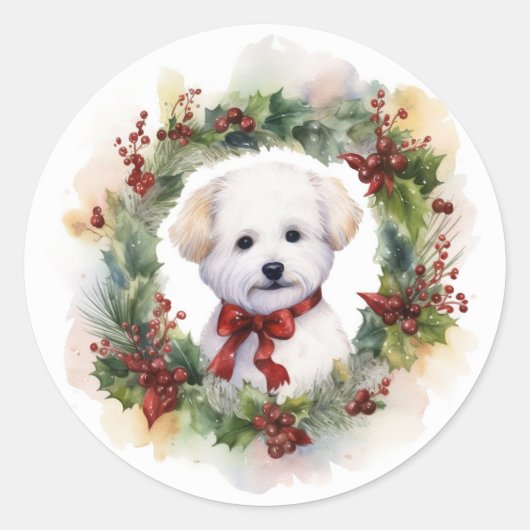 Bichon Frise Kerstkrans feestelijke pup Ronde Sticker (Voorkant)