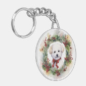 Bichon Frise Kerstkrans feestelijke pup Sleutelhanger (Voorkant Links)