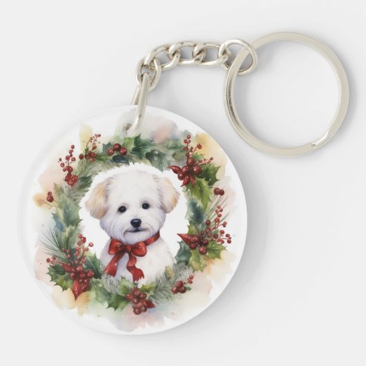 Bichon Frise Kerstkrans feestelijke pup Sleutelhanger (Achterkant)