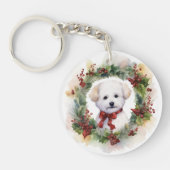 Bichon Frise Kerstkrans feestelijke pup Sleutelhanger (Voorkant)
