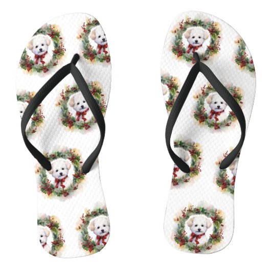 Bichon Frise Kerstkrans feestelijke pup Teenslippers (Voetbed)