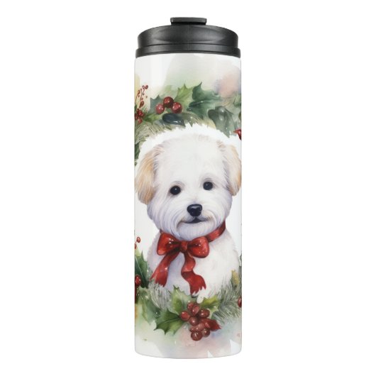 Bichon Frise Kerstkrans feestelijke pup Thermosbeker (Voorkant)
