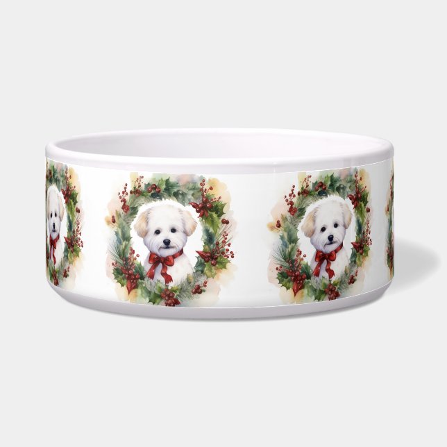 Bichon Frise Kerstkrans feestelijke pup Voerbakje (Voorkant)