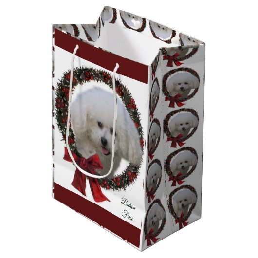 Bichon Frise Kerstkrans Medium Cadeauzakje (Voorkant Gekanteld)